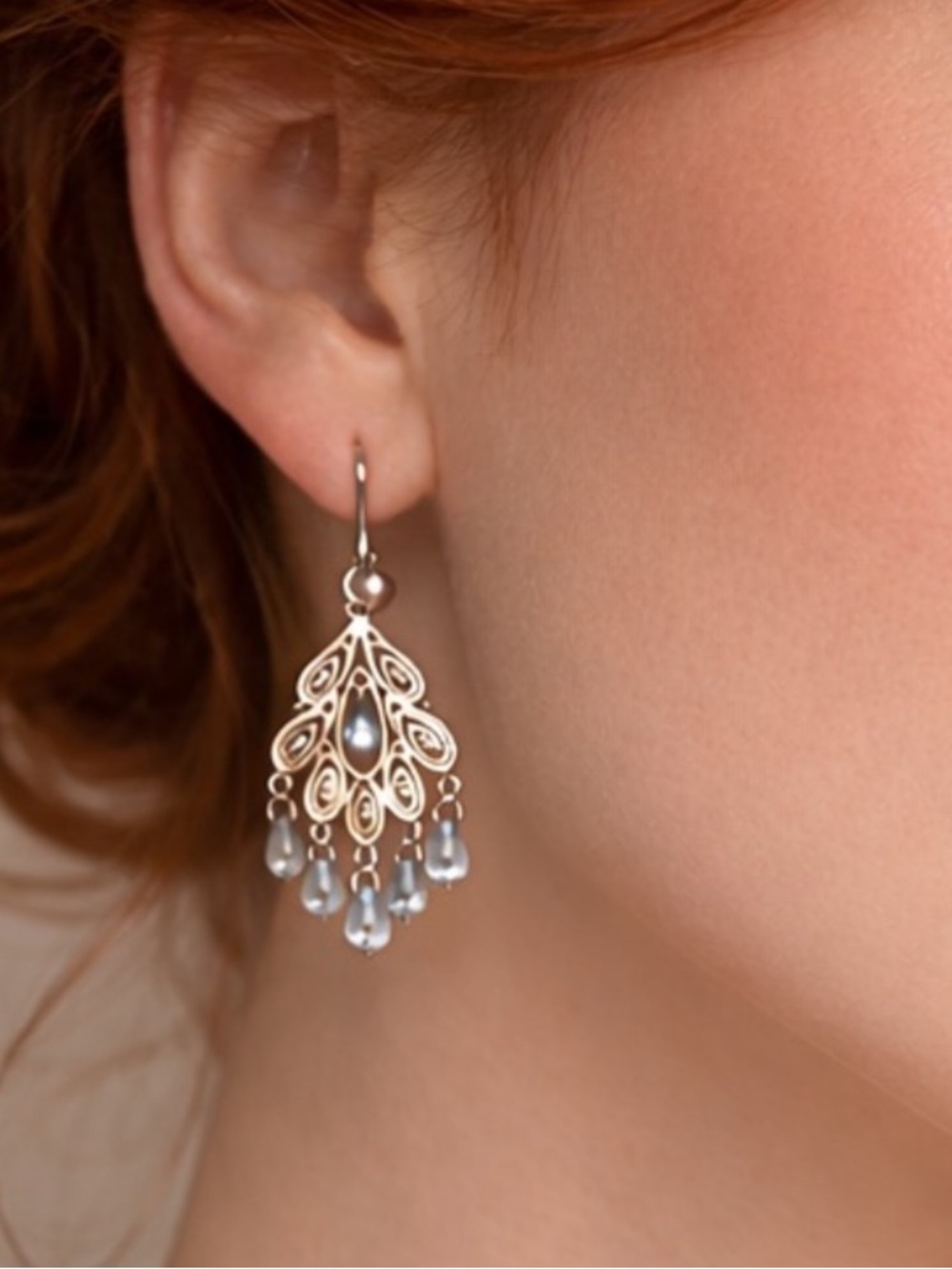 Art Nouveau Filigree Chandelier Earrings Pale Blue Briolette Drops